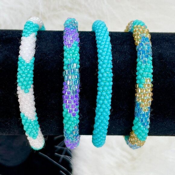 HAND CRAFTED in Nepal Beaded Bracelets (set of 4) TURQ1 - Picture 1 of 3